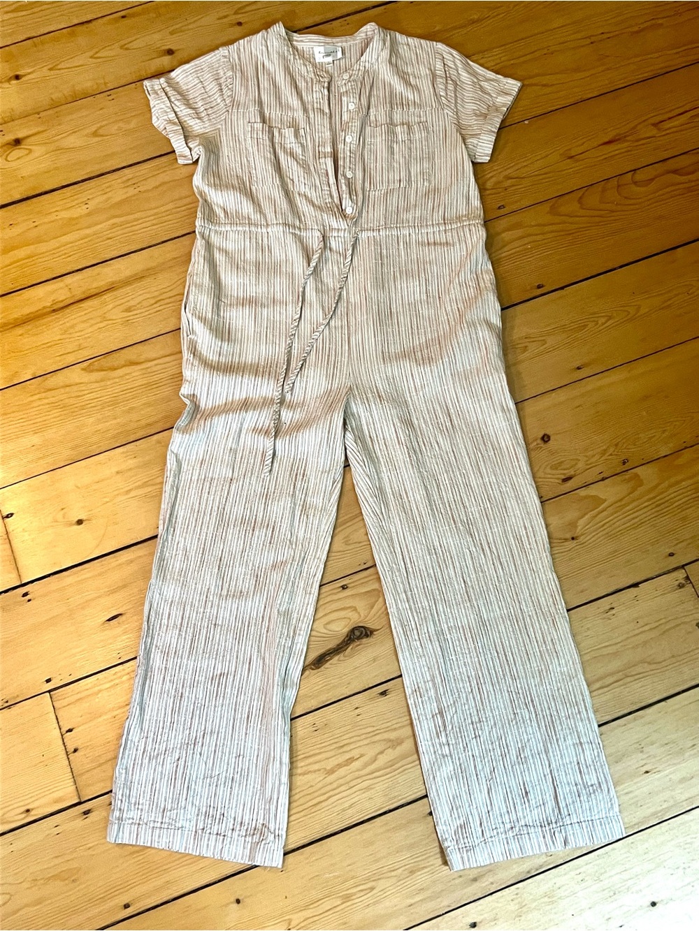 Striped Cream Line & Dot Linen Blend Jumpsuit